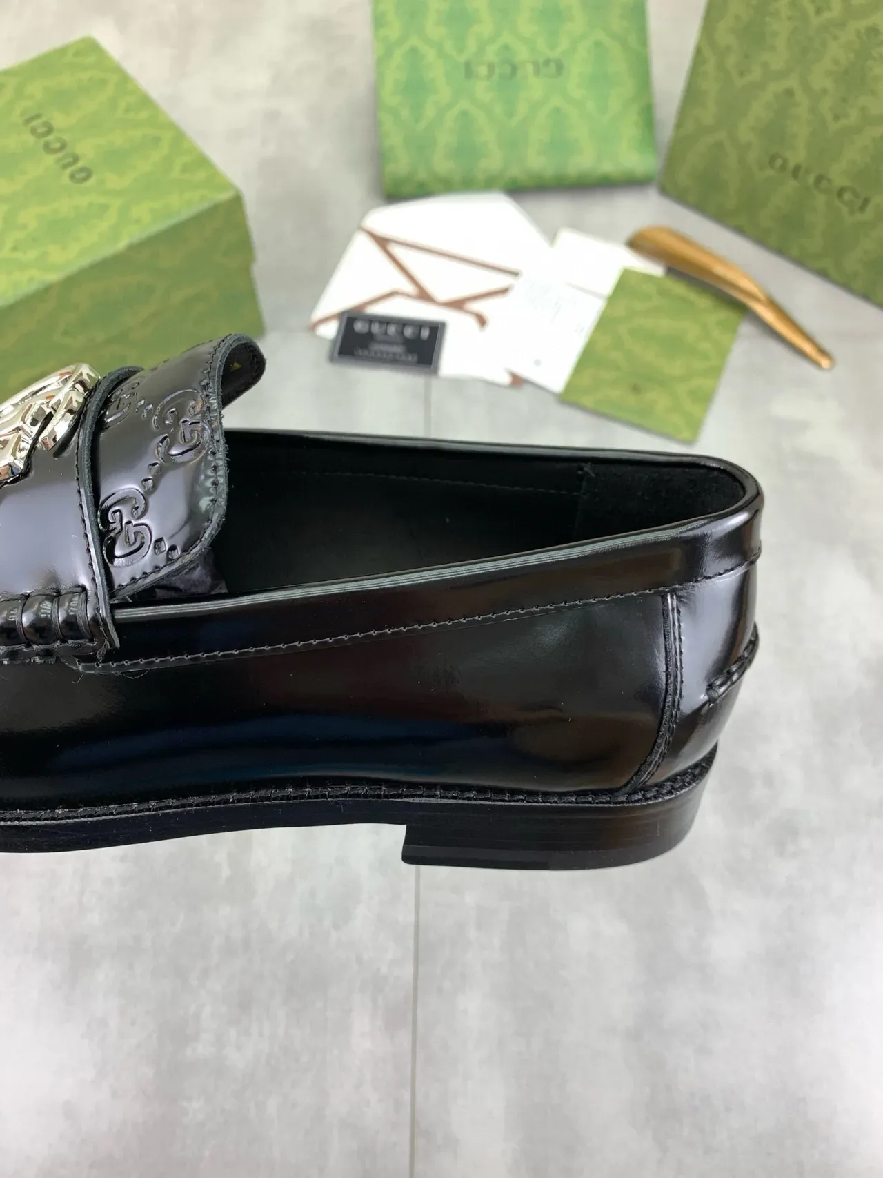 Gucci Horsebit 1955 Black Silver Polished Leather Embossed GG Monogram Loafer 4