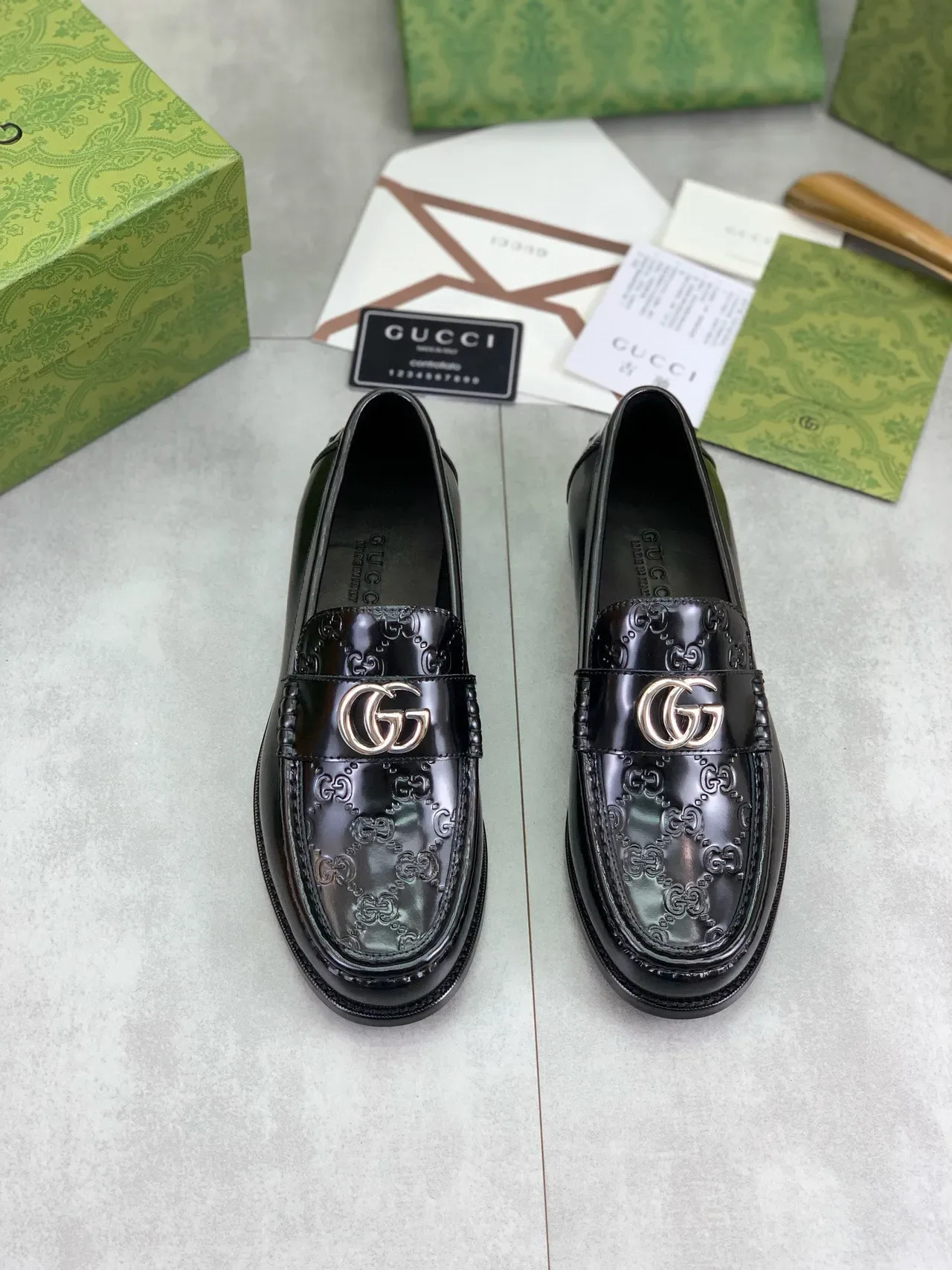 Gucci Horsebit 1955 Black Silver Polished Leather Embossed GG Monogram Loafer 5