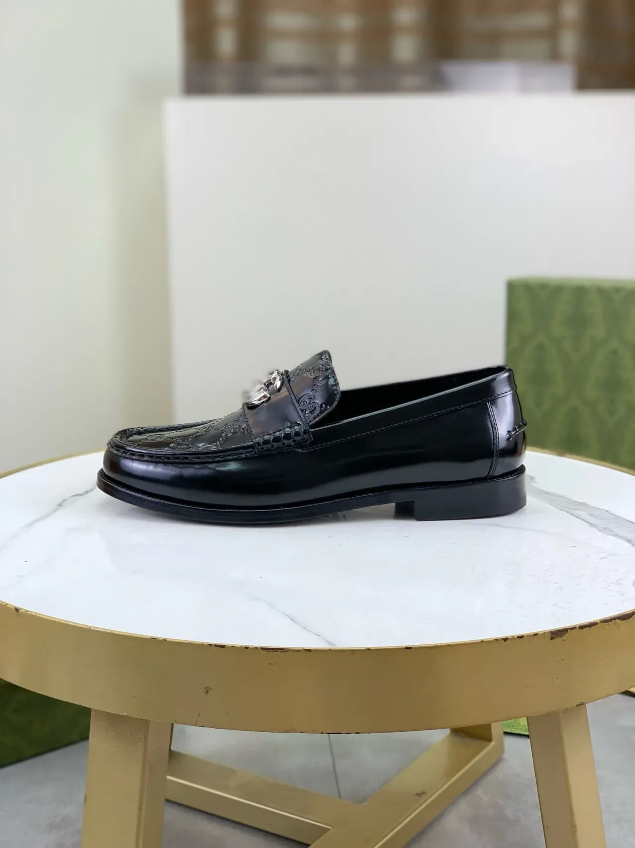 Gucci Horsebit 1955 Black Silver Polished Leather Embossed GG Monogram Loafer 6