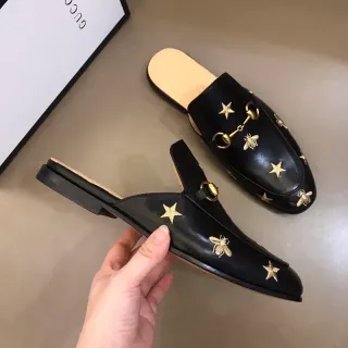 Gucci Horsebit 1955 Embroidered Star and Bee Black Leather Mule Loafers
