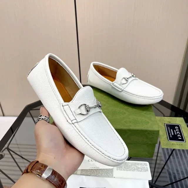 Gucci Horsebit 1955 White Pebbled Leather Loafers 6