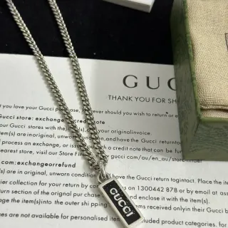 Gucci Logo Pendant Silver Black Curb Chain Rectangular Enamel Necklace