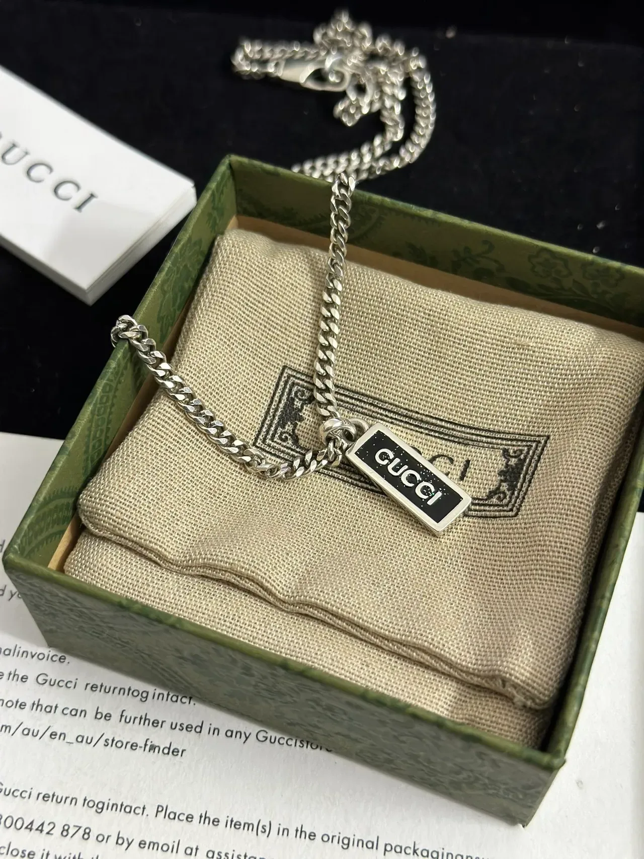 Gucci Logo Pendant Silver Black Curb Chain Rectangular Enamel Necklace 2