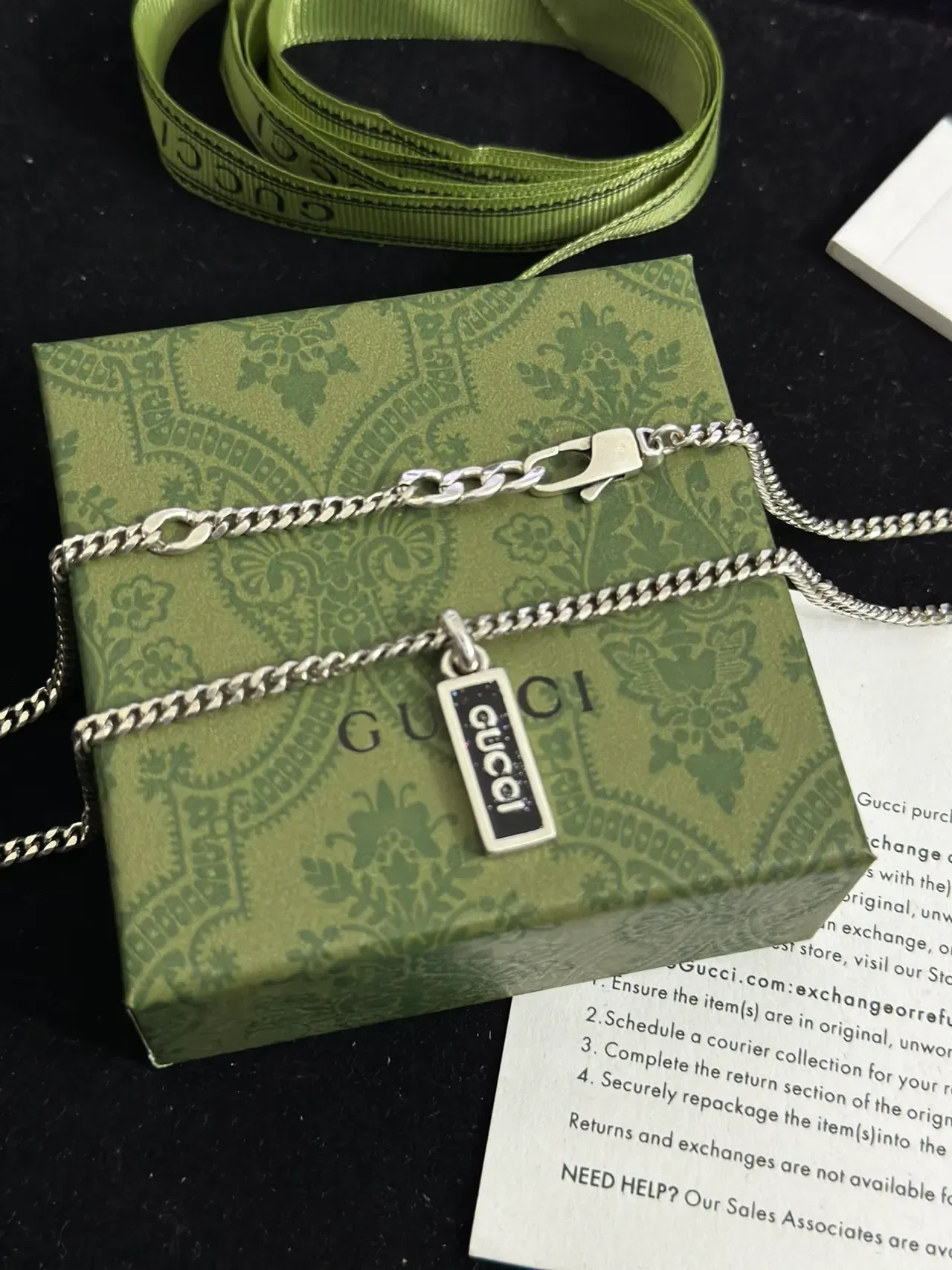 Gucci Logo Pendant Silver Black Curb Chain Rectangular Enamel Necklace 3