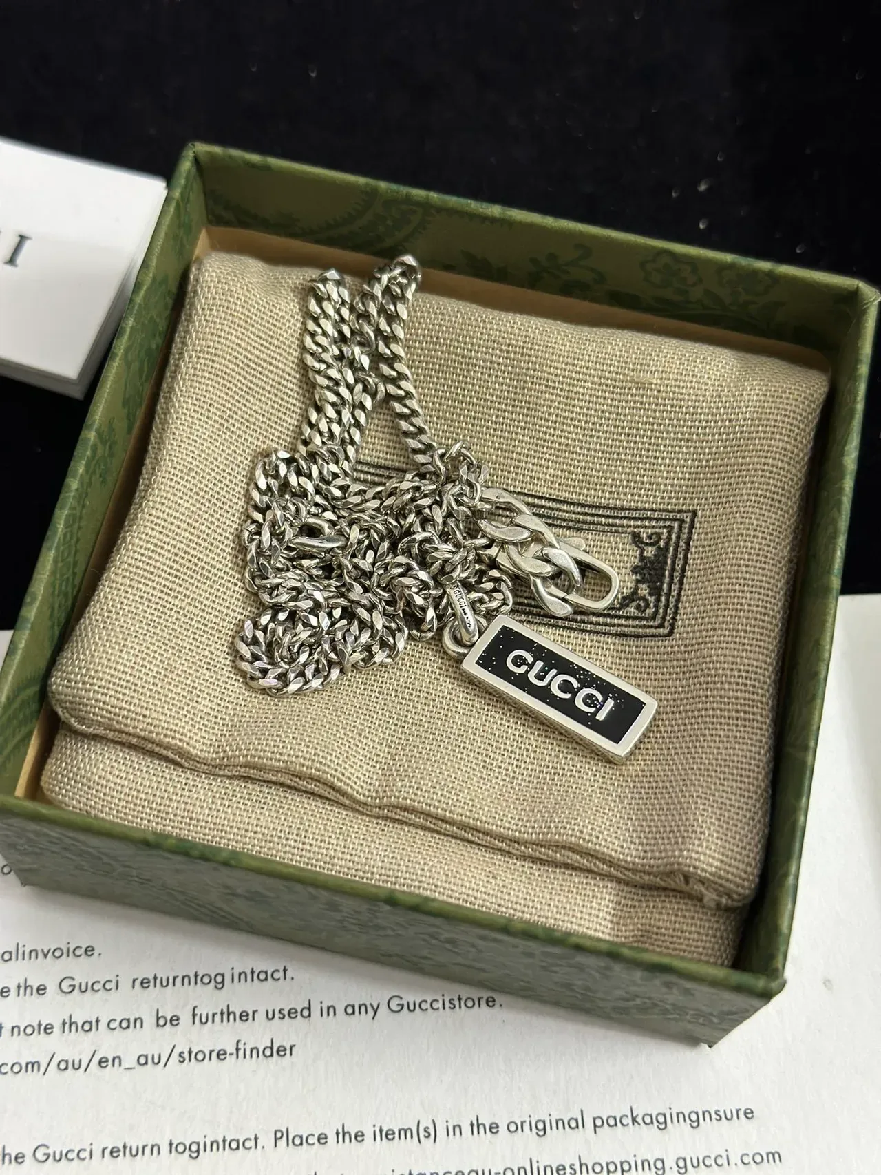 Gucci Logo Pendant Silver Black Curb Chain Rectangular Enamel Necklace 4