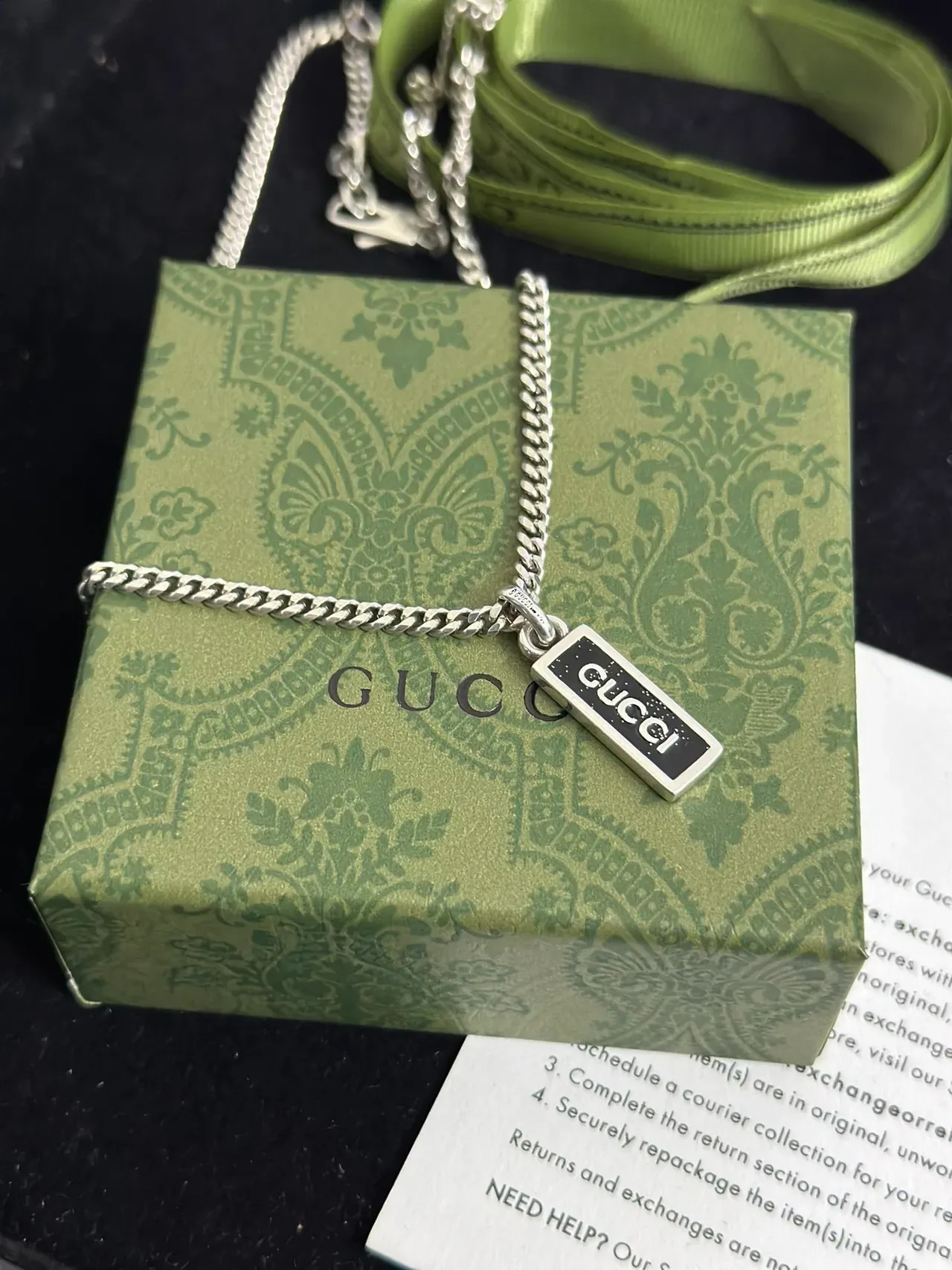 Gucci Logo Pendant Silver Black Curb Chain Rectangular Enamel Necklace 5
