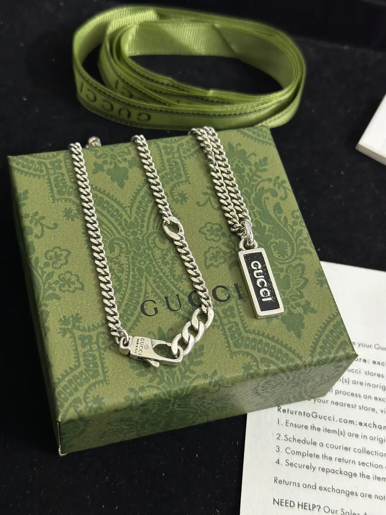 Gucci Logo Pendant Silver Black Curb Chain Rectangular Enamel Necklace 6