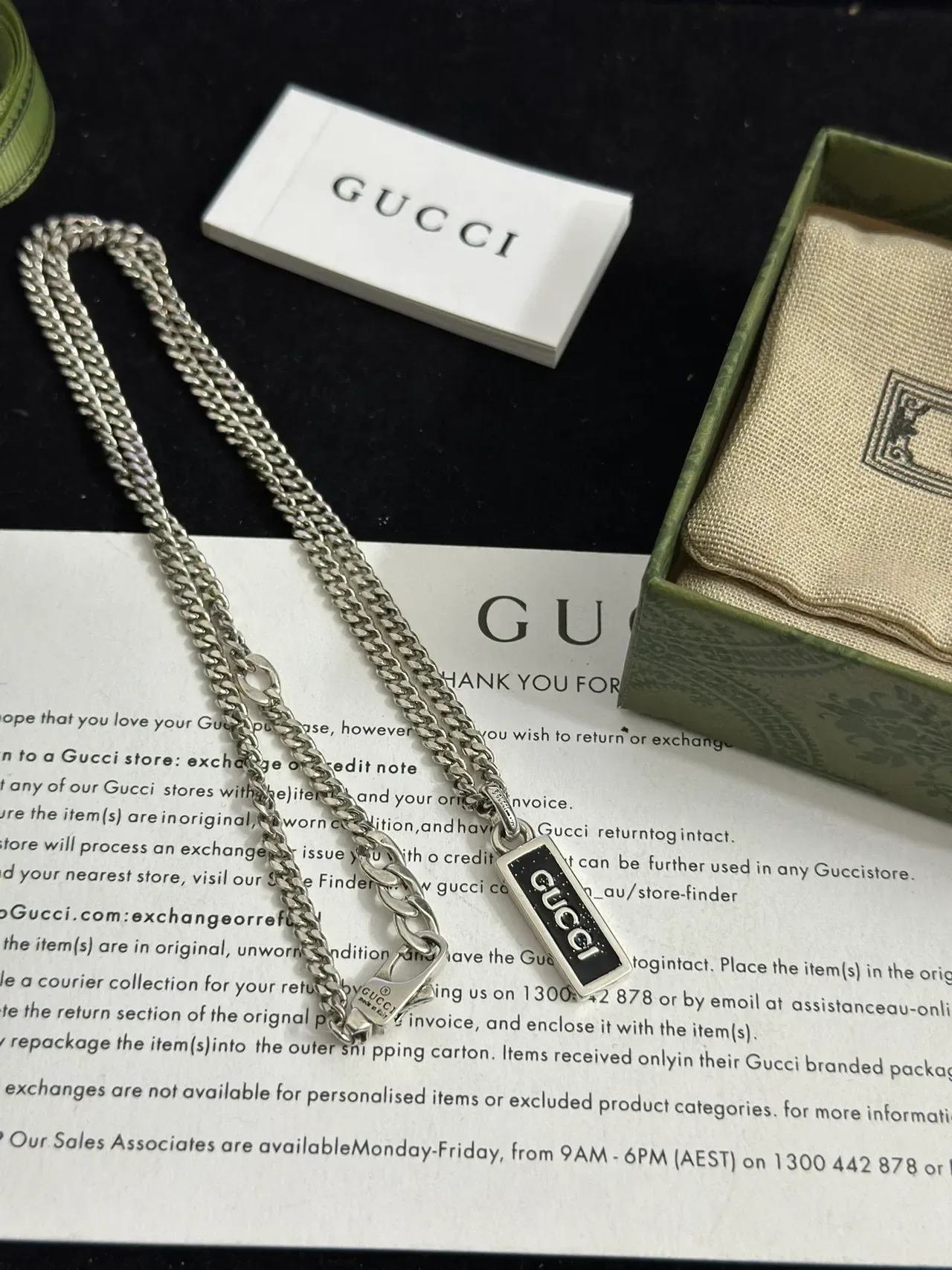 Gucci Logo Pendant Silver Black Curb Chain Rectangular Enamel Necklace 7