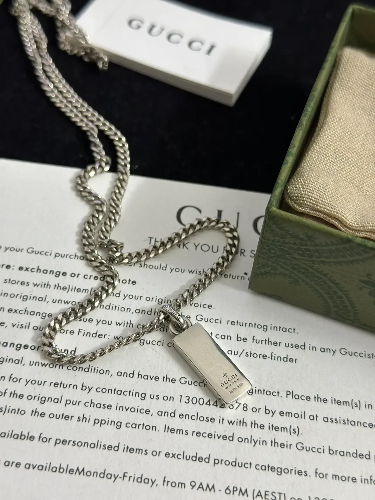 Gucci Logo Pendant Silver Black Curb Chain Rectangular Enamel Necklace 8