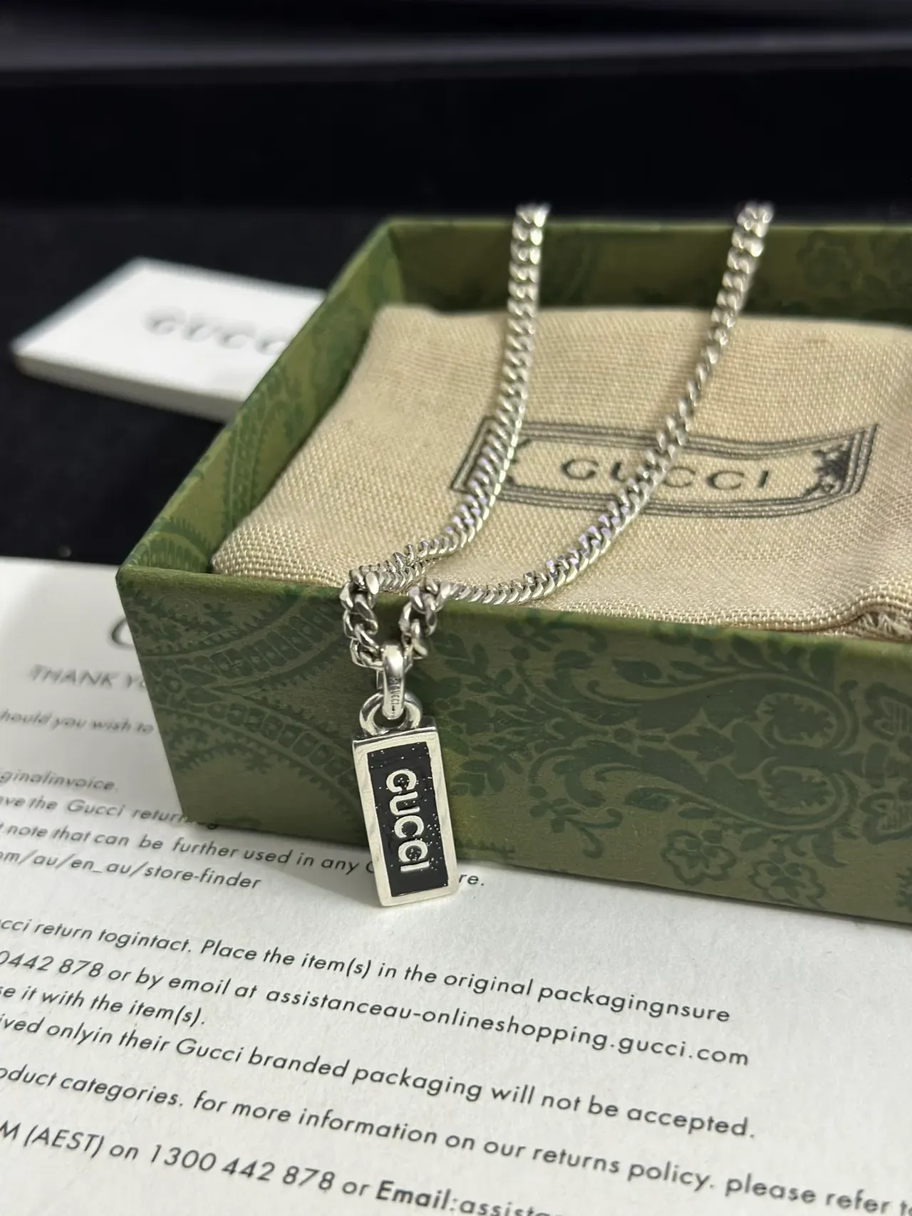 Gucci Logo Pendant Silver Black Curb Chain Rectangular Enamel Necklace 9