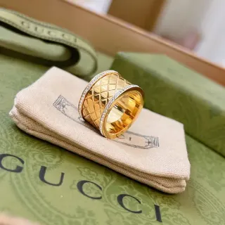 Gucci Marmont-inspired Gold Silver Quilted Diamond Pattern Pavé Crystal Trim Ring