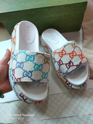 Gucci Multicolor Beige Woven Canvas Strap GG Monogram Embroidery Slippers 1