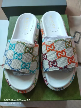 Gucci Multicolor Beige Woven Canvas Strap GG Monogram Embroidery Slippers 7