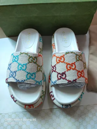 Gucci Multicolor Beige Woven Canvas Strap GG Monogram Embroidery Slippers 8