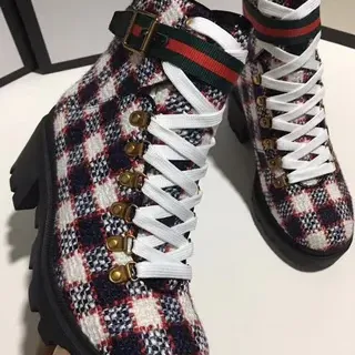 Gucci Multicolor Black Plaid Tweed Upper Web Stripe Strap Ankle Boots