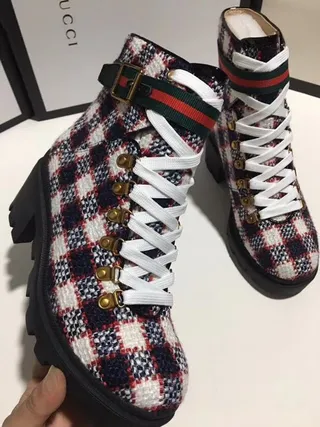 Gucci Multicolor Black Plaid Tweed Upper Web Stripe Strap Ankle Boots 1