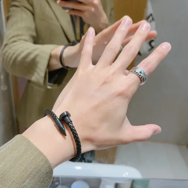 Gucci Nail Bracelet Black Braided Leather Gunmetal Hardware Bracelet 2