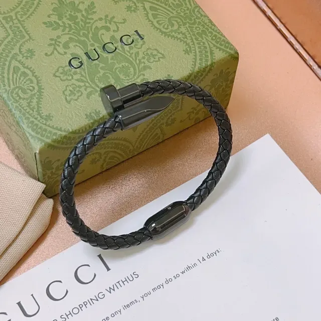 Gucci Nail Bracelet Black Braided Leather Gunmetal Hardware Bracelet 3