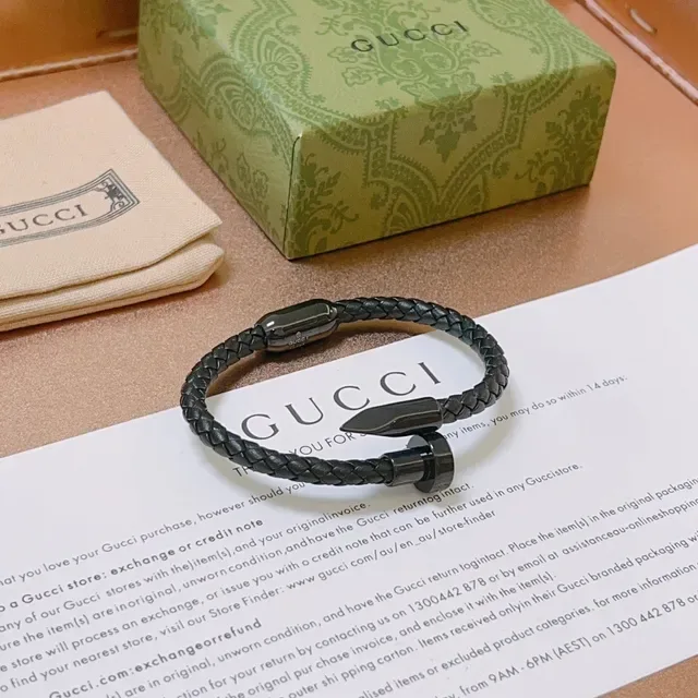 Gucci Nail Bracelet Black Braided Leather Gunmetal Hardware Bracelet 4