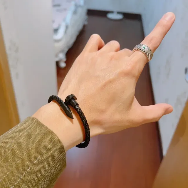 Gucci Nail Bracelet Black Braided Leather Gunmetal Hardware Bracelet 5