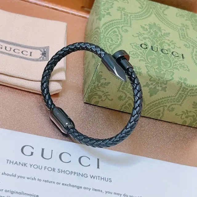 Gucci Nail Bracelet Black Braided Leather Gunmetal Hardware Bracelet 9