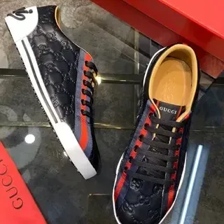Gucci Navy Red Embossed GG Monogram Leather Web Stripe Accent Lifestyle Sneakers