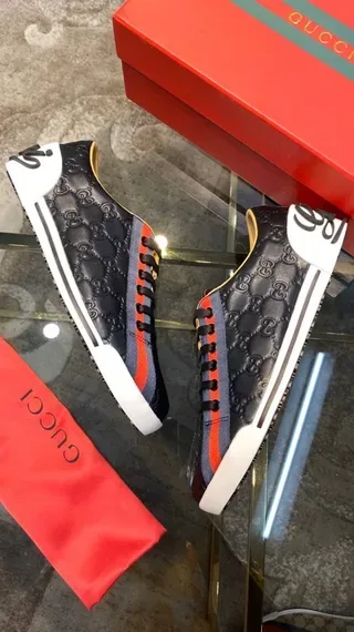 Gucci Navy Red Embossed GG Monogram Leather Web Stripe Accent Lifestyle Sneakers 3