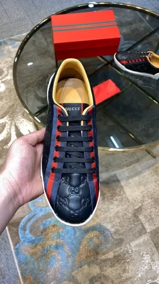 Gucci Navy Red Embossed GG Monogram Leather Web Stripe Accent Lifestyle Sneakers 4