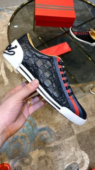 Gucci Navy Red Embossed GG Monogram Leather Web Stripe Accent Lifestyle Sneakers 6