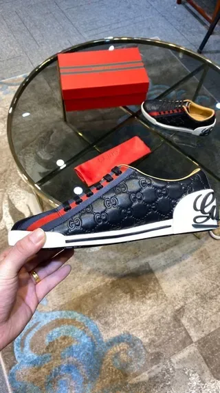 Gucci Navy Red Embossed GG Monogram Leather Web Stripe Accent Lifestyle Sneakers 7