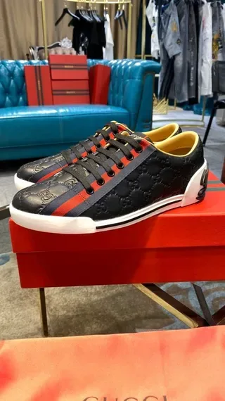 Gucci Navy Red Embossed GG Monogram Leather Web Stripe Accent Lifestyle Sneakers 8