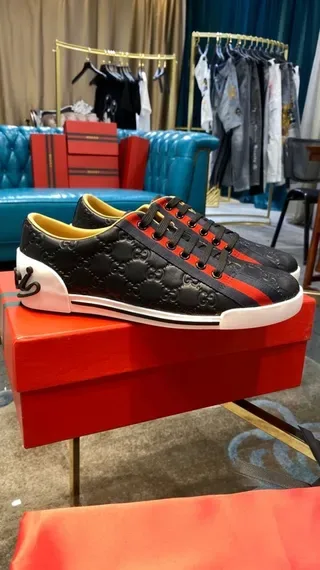 Gucci Navy Red Embossed GG Monogram Leather Web Stripe Accent Lifestyle Sneakers 9