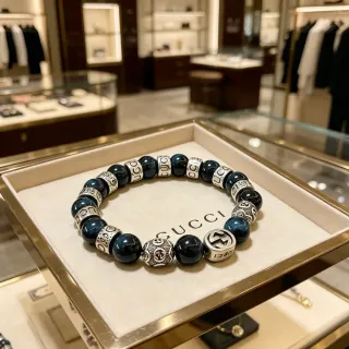 Gucci Navy Silver Beaded Polished Stone Bracelet