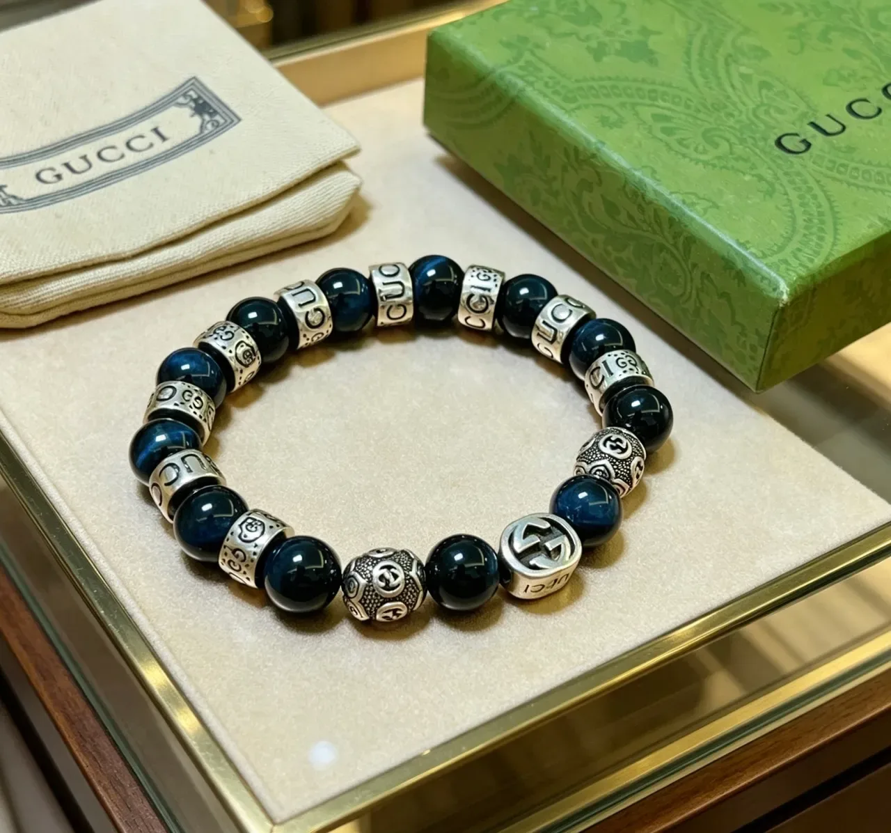 Gucci Navy Silver Beaded Polished Stone Bracelet 3