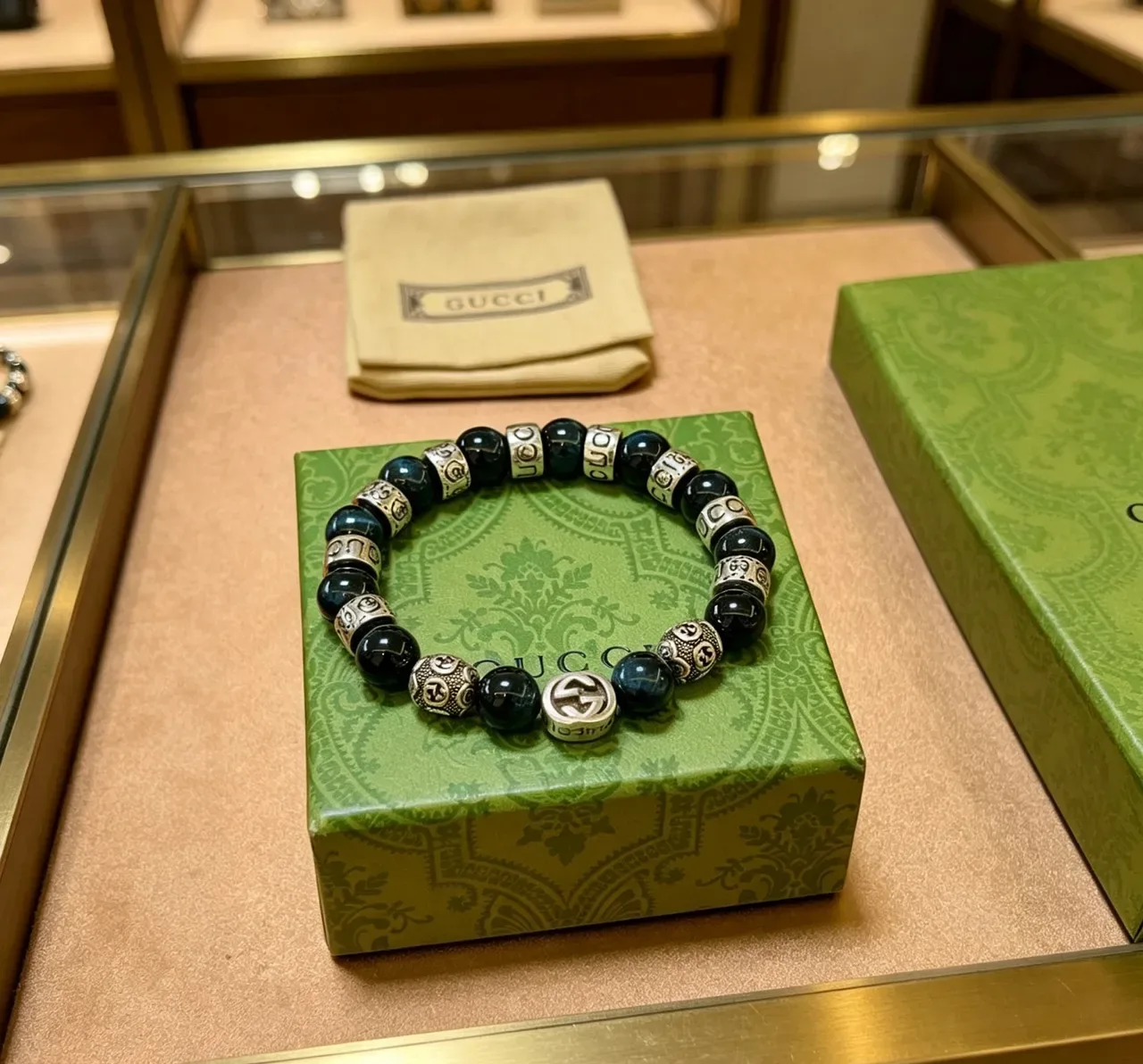 Gucci Navy Silver Beaded Polished Stone Bracelet 5