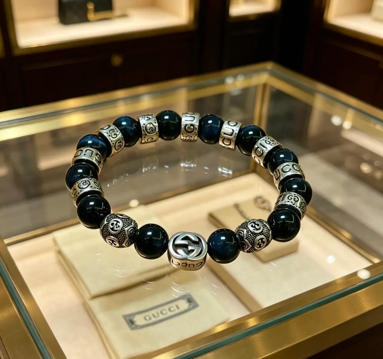 Gucci Navy Silver Beaded Polished Stone Bracelet 6