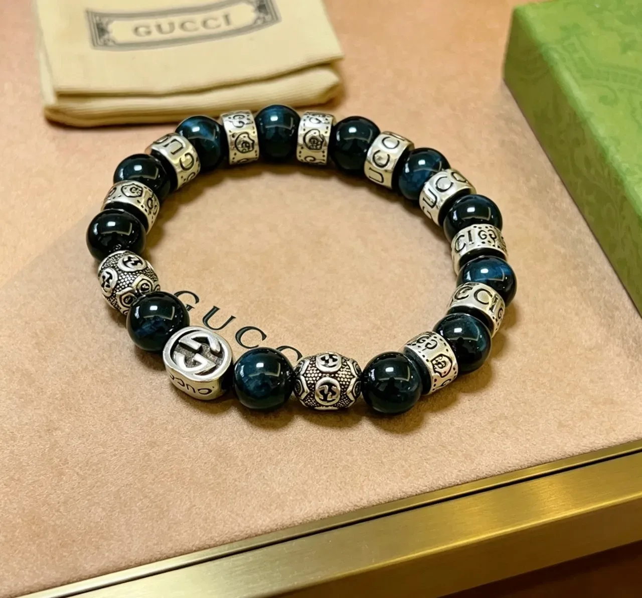 Gucci Navy Silver Beaded Polished Stone Bracelet 9