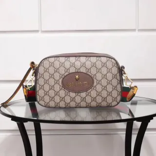 Gucci Ophidia Beige Brown GG Monogram Canvas Oval Leather Logo Plaque Camera Bag