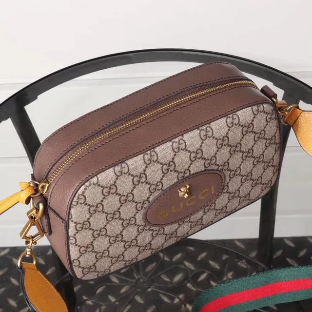 Gucci Ophidia Bege Marrom GG Monograma Lona Oval Couro Placa de Logo Bolsa de Câmera 5