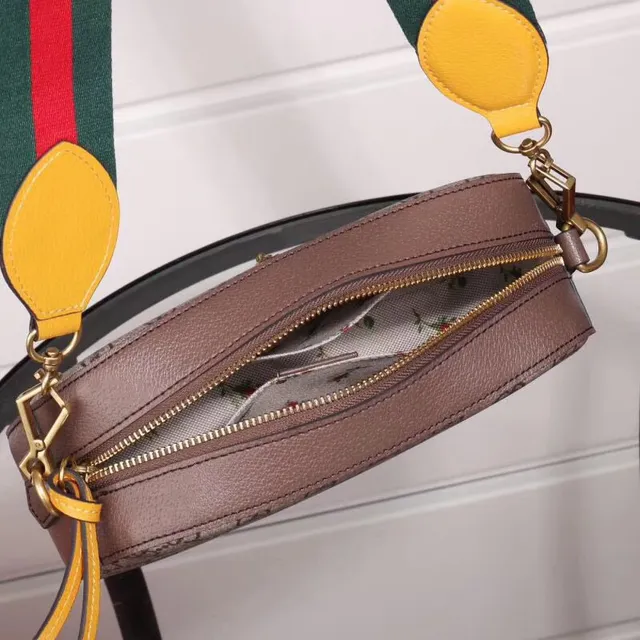 Gucci Ophidia Bege Marrom GG Monograma Lona Oval Couro Placa de Logo Bolsa de Câmera 6