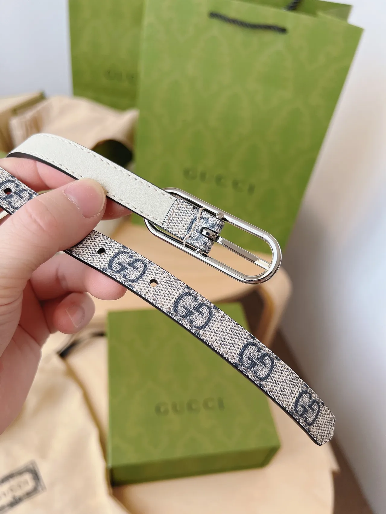 Gucci Ophidia Beige Gray Woven GG Monogram Narrow Silhouette Leather Belt 3