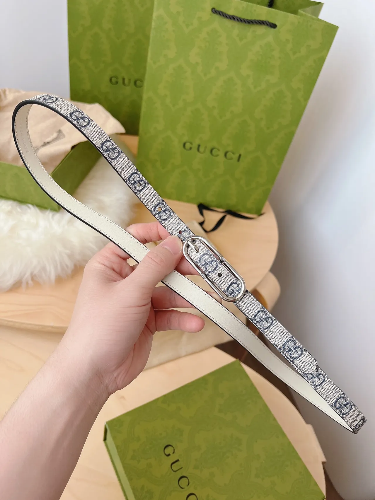 Gucci Ophidia Beige Gray Woven GG Monogram Narrow Silhouette Leather Belt 6