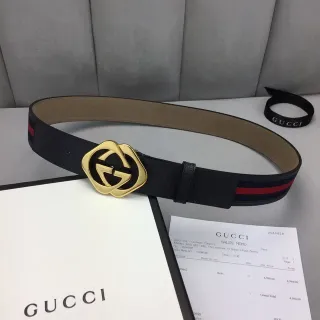 Gucci Ophidia Black Gold Interlocking G Buckle Web Stripe Trim Leather Belt