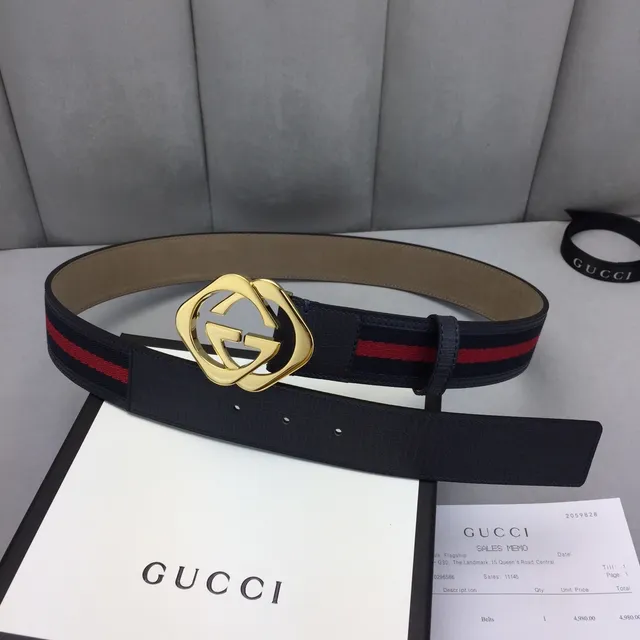 Gucci Ophidia Ceinture en cuir noir et or avec boucle interlocking G et rayures de web stripe trim 2