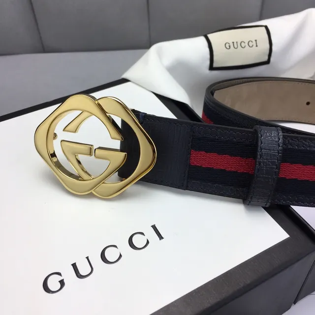 Gucci Ophidia Ceinture en cuir noir et or avec boucle interlocking G et rayures de web stripe trim 3