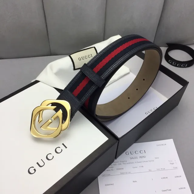 Gucci Ophidia Ceinture en cuir noir et or avec boucle interlocking G et rayures de web stripe trim 4