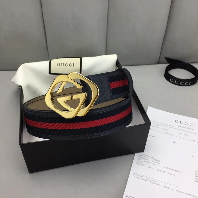 Gucci Ophidia Ceinture en cuir noir et or avec boucle interlocking G et rayures de web stripe trim 5