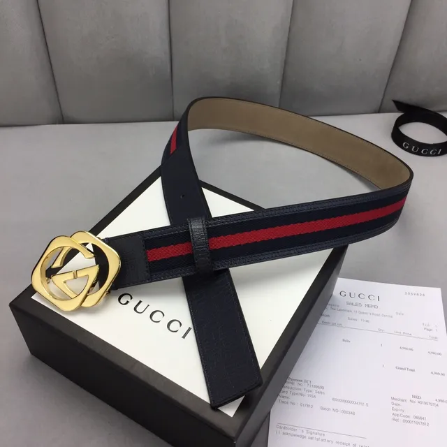 Gucci Ophidia Ceinture en cuir noir et or avec boucle interlocking G et rayures de web stripe trim 6