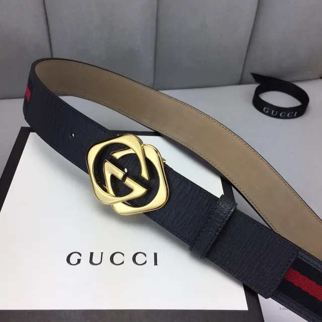 Gucci Ophidia Ceinture en cuir noir et or avec boucle interlocking G et rayures de web stripe trim 9