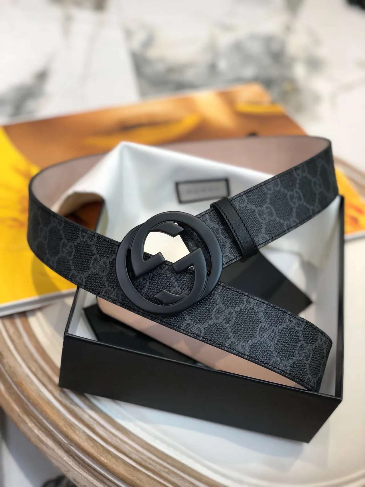 Gucci Ophidia Black Gray GG Monogram Canvas Matte Interlocking G Buckle Leather Belt 2